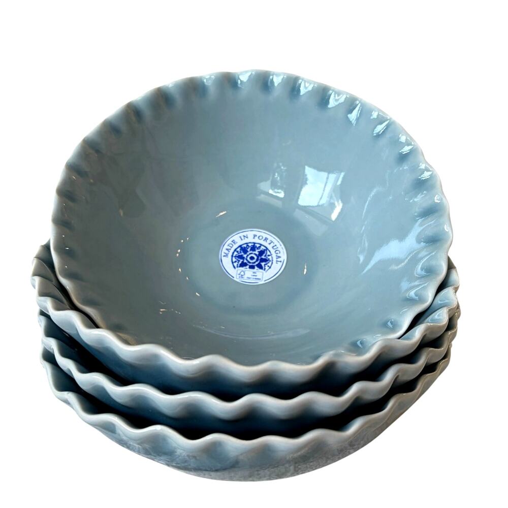 4 Matceramica  Portugal Slate Blue Salad Bowls 8in Stoneware Scalloped NEW